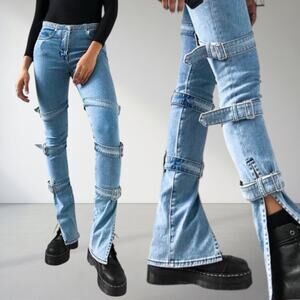 Cotton Citizen Western Grunge Low-Rise Strap Jeans Rodeo Ready Light Blue Sz XS